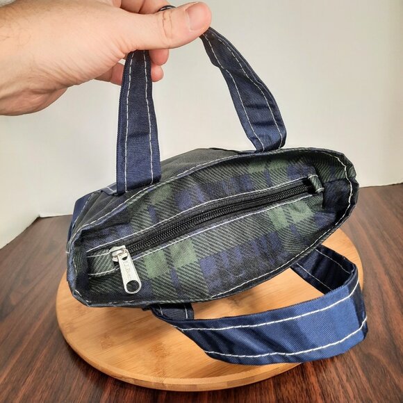 LL Bean Mini Tote Bag Green Blue Nylon Plaid Everyday Lightweight 297818 - Picture 7 of 10